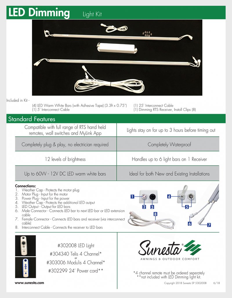 Sunesta LED Dimming Light Kit Chart Standard Features